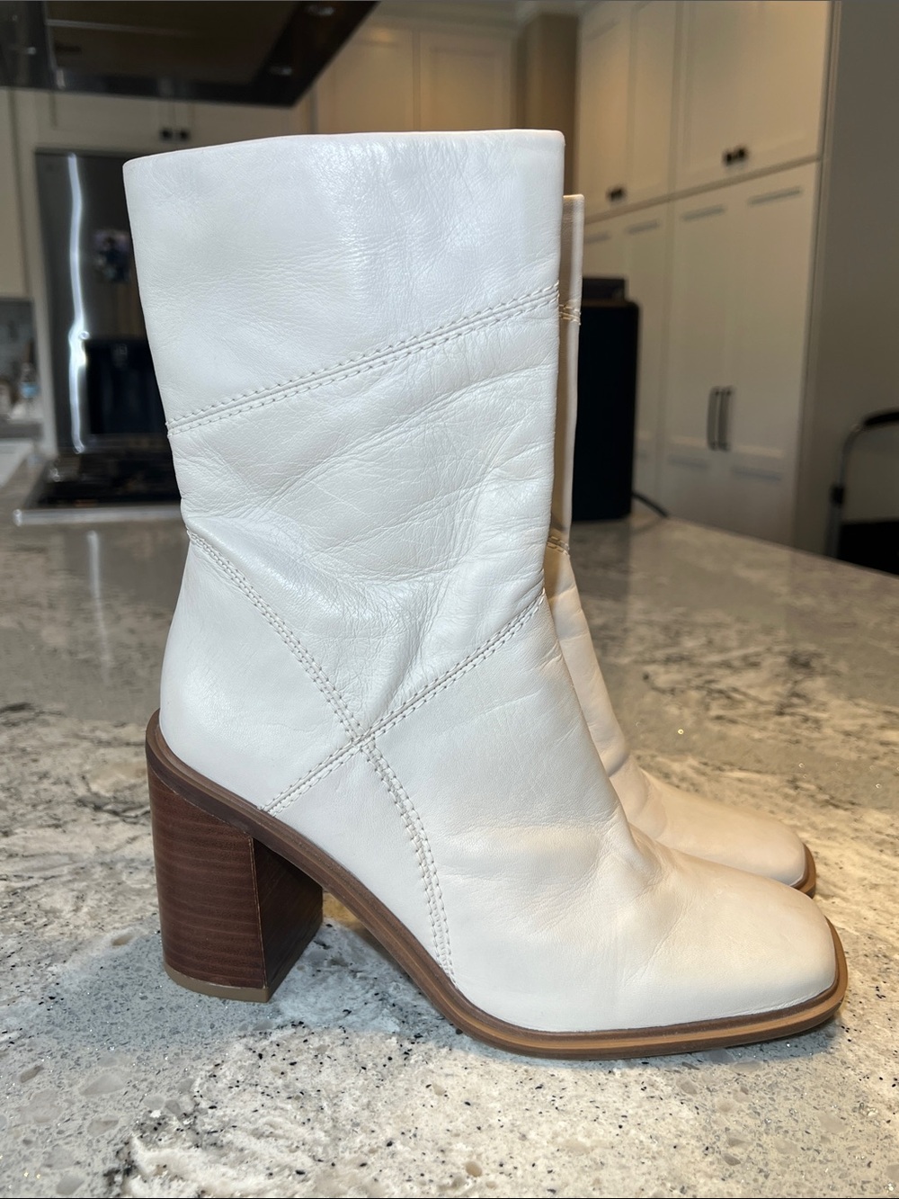 Franco Sarto Stormy Leather Mid-Calf Boots Square Toe Putty Cream 7.5 NWOB
